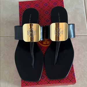 Tory Burch Georgia Black Sandals with Gold Emblem new with tag and box